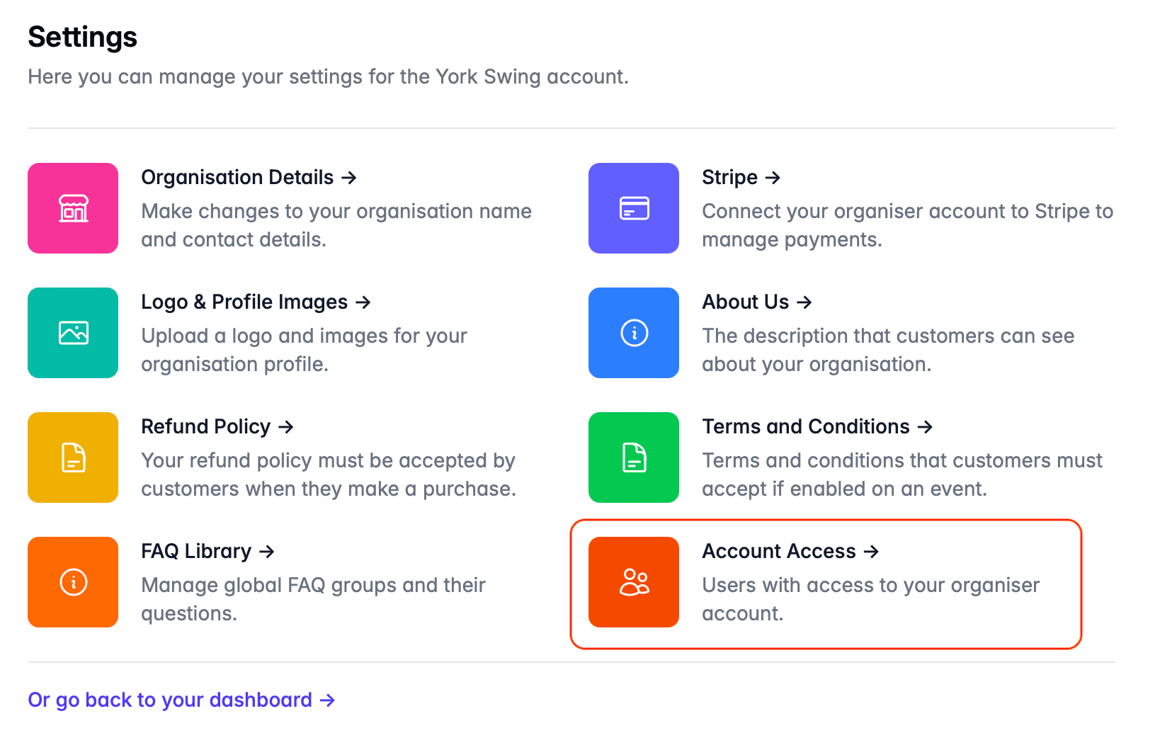 Account access on settings page