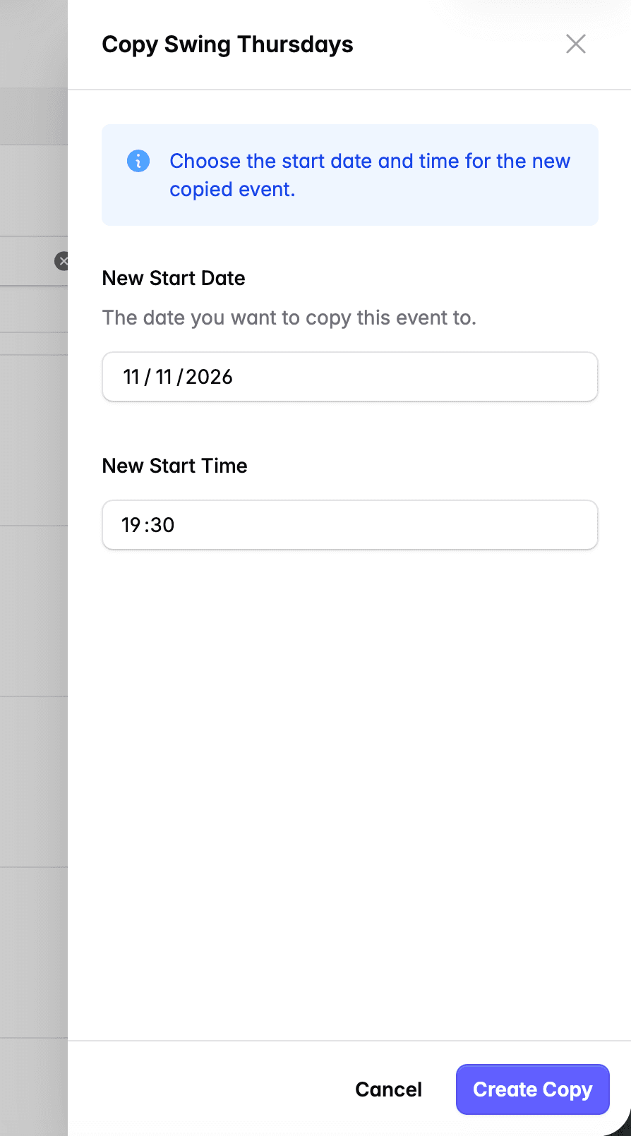 Copy event drawer