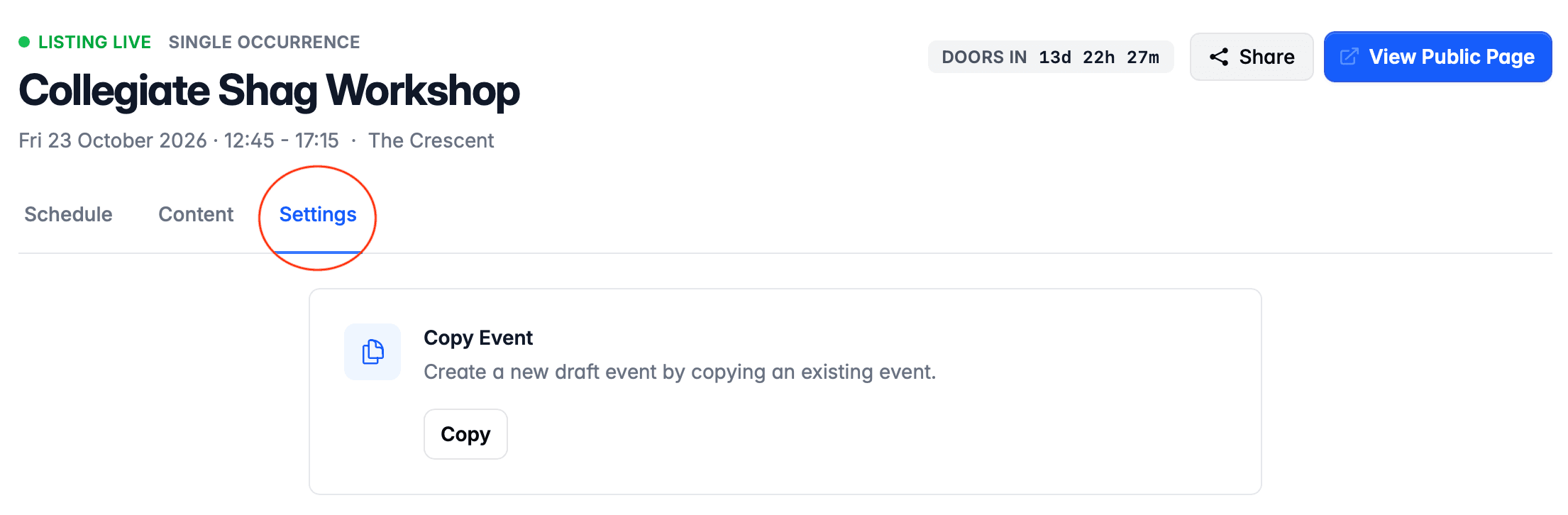 Copy button on published event settings