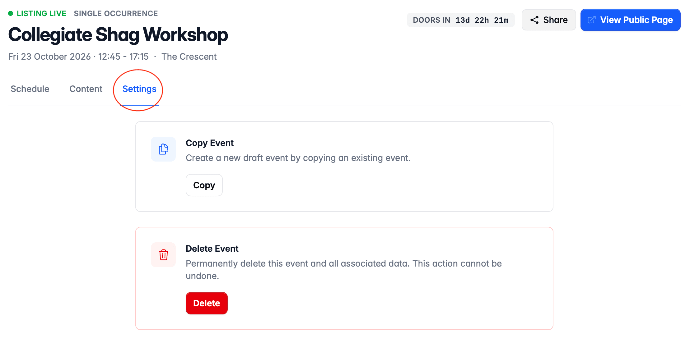 Delete action on published event page