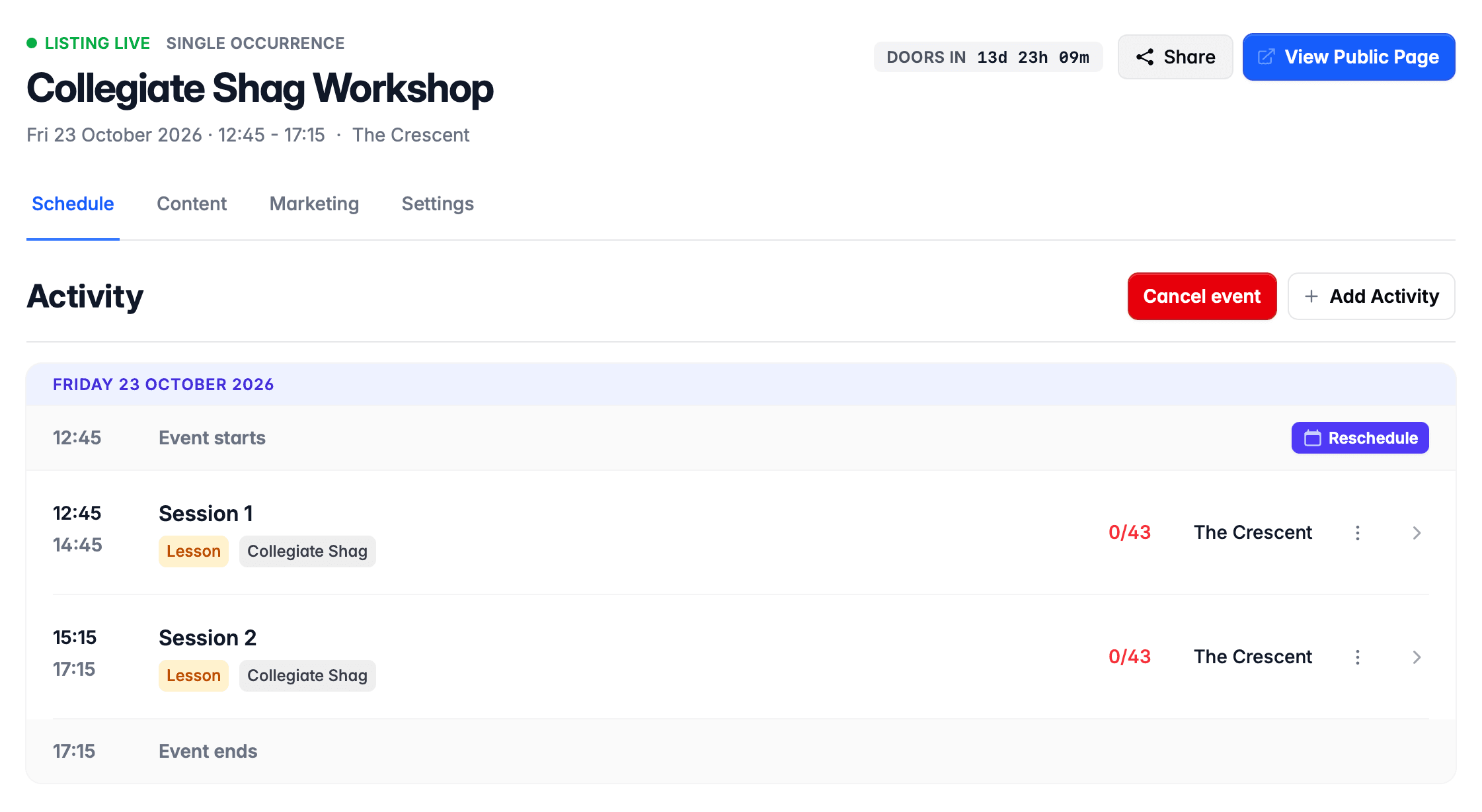 Published event page