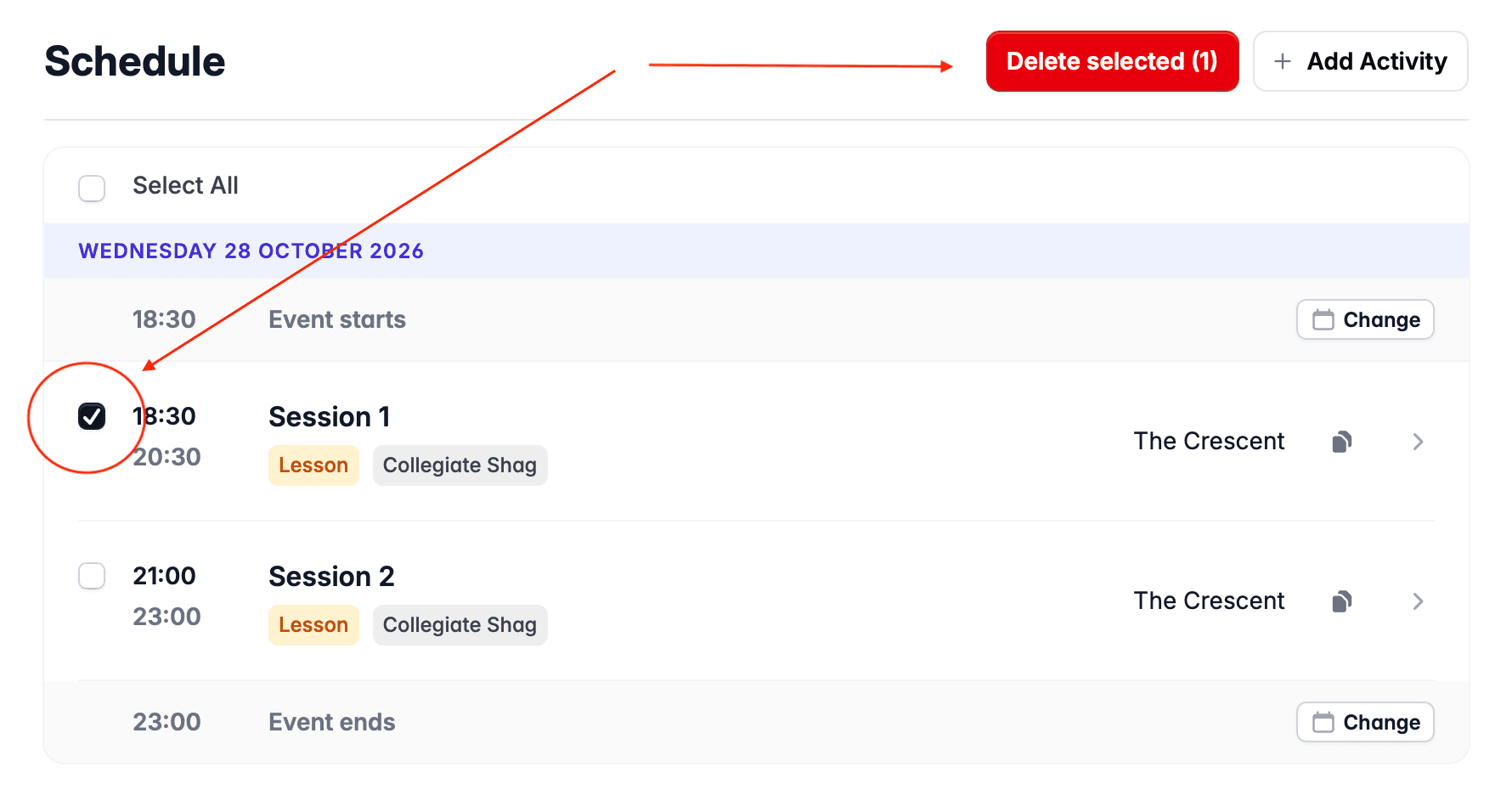 Delete activities