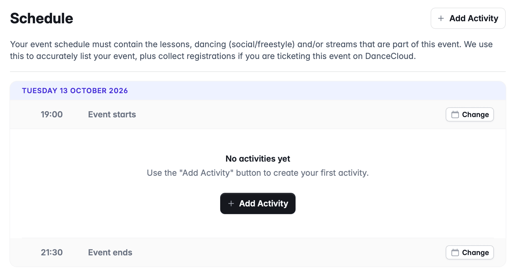 Empty schedule with Add Activity button