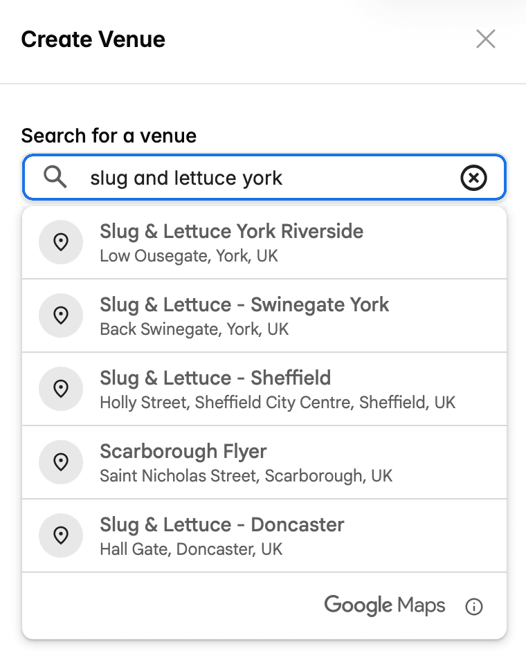 Venue search on Google Maps