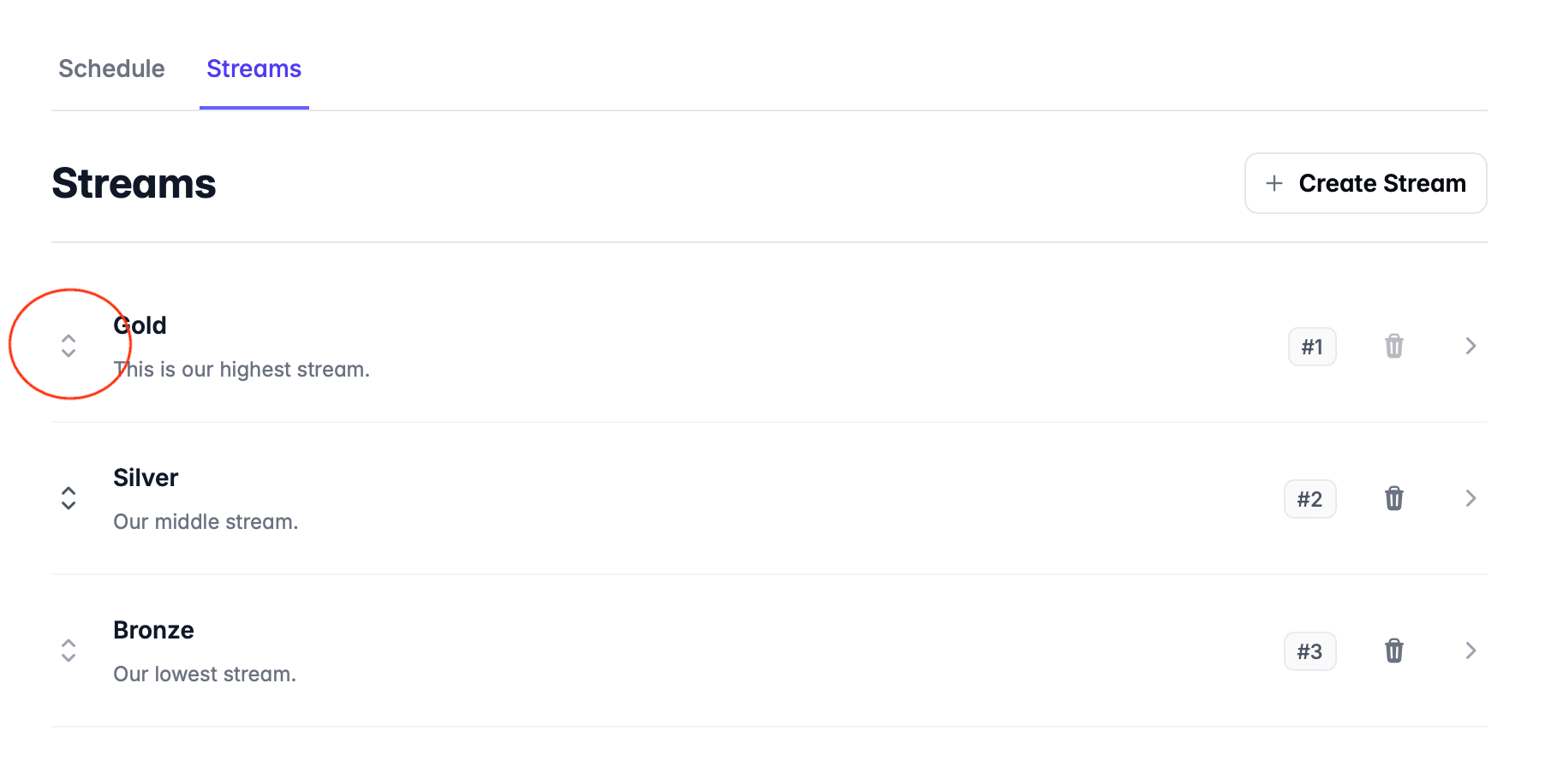 Streams list with reorder icon