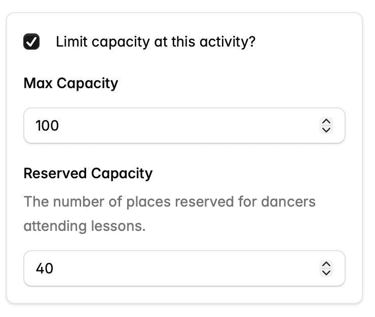 Activity capacity settings