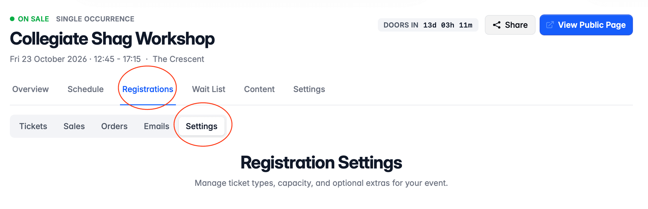 Registration settings on published event