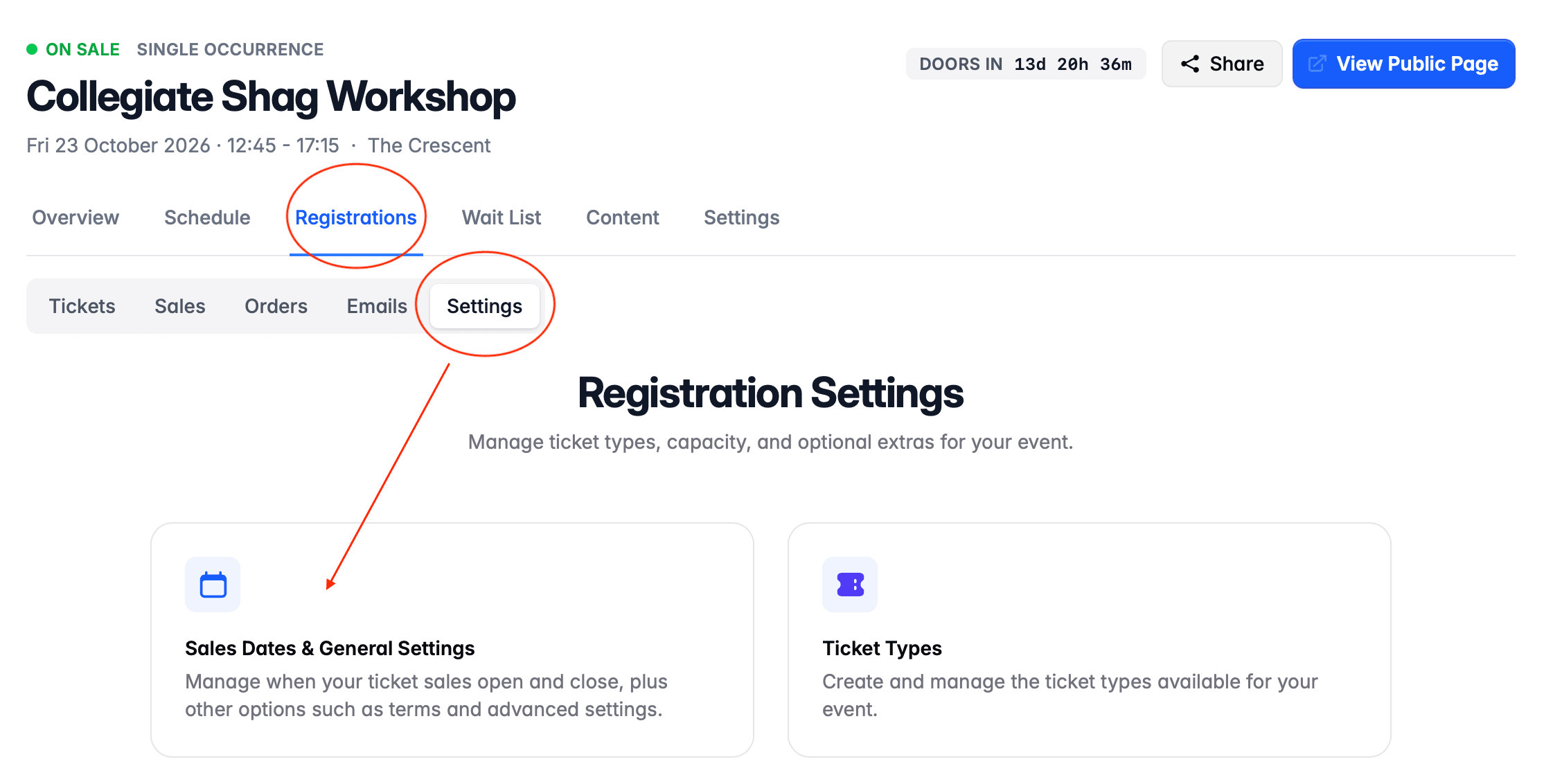 Registration settings on published event