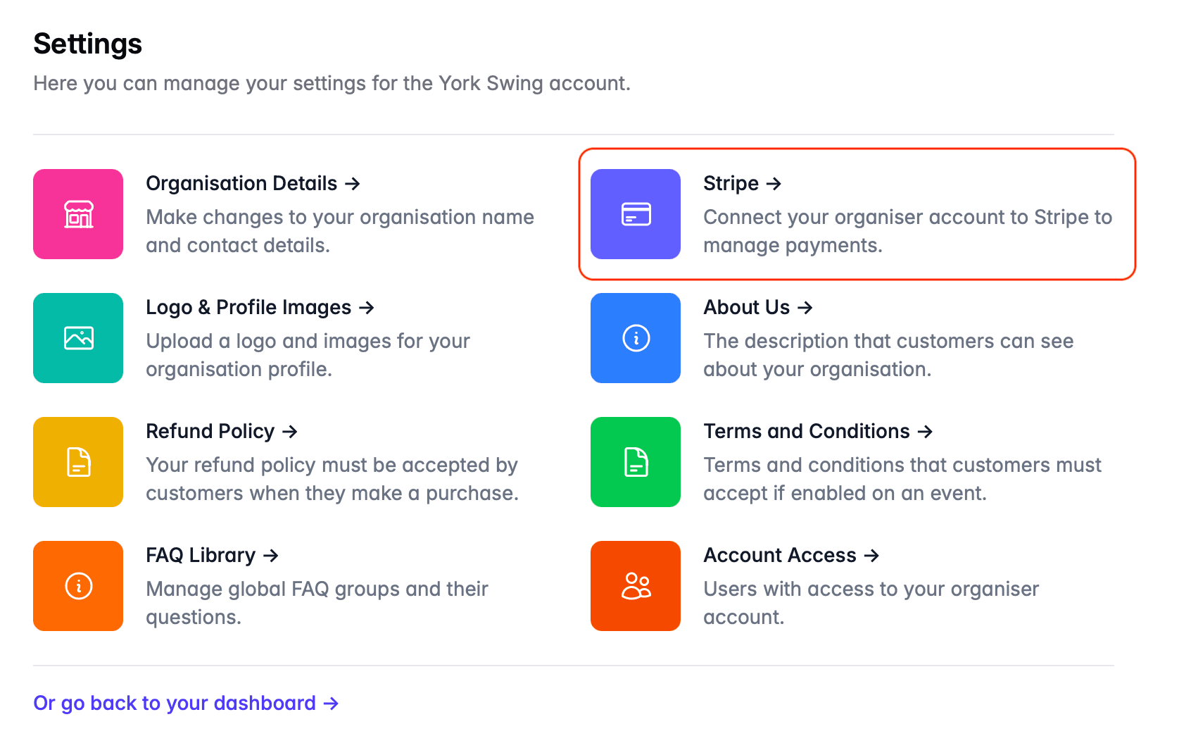 Stripe on the settings page