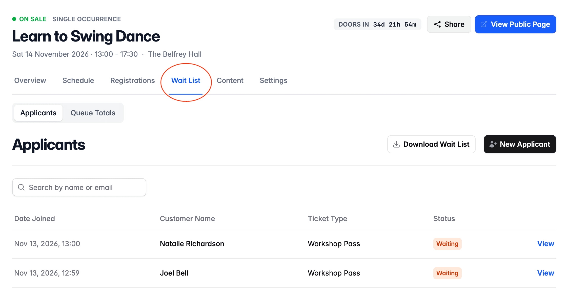Wait-list page
