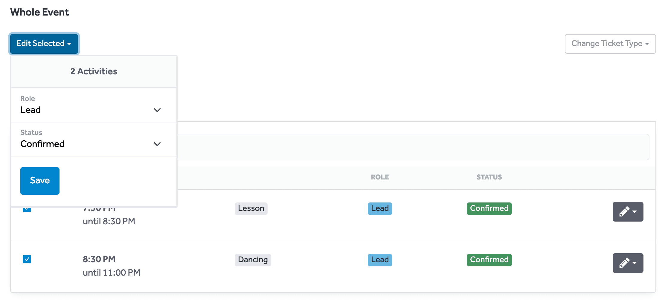 Editing multiple attendee activities
