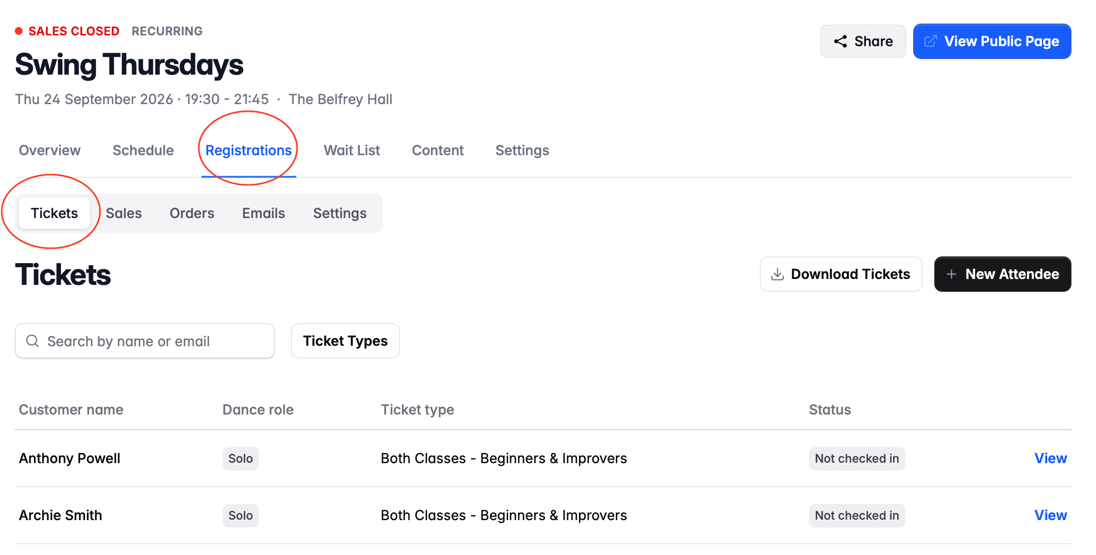 List of tickets sold