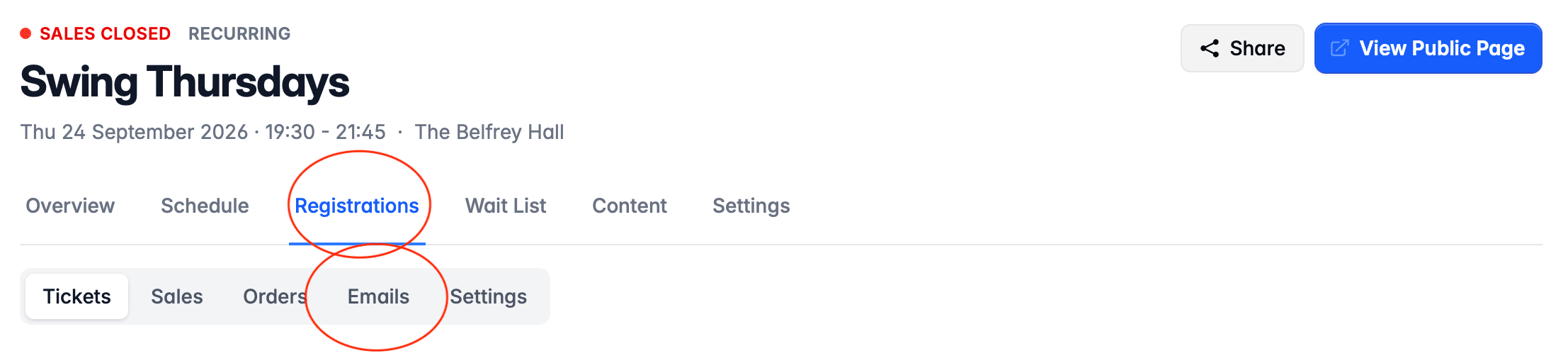 Emails page tabs
