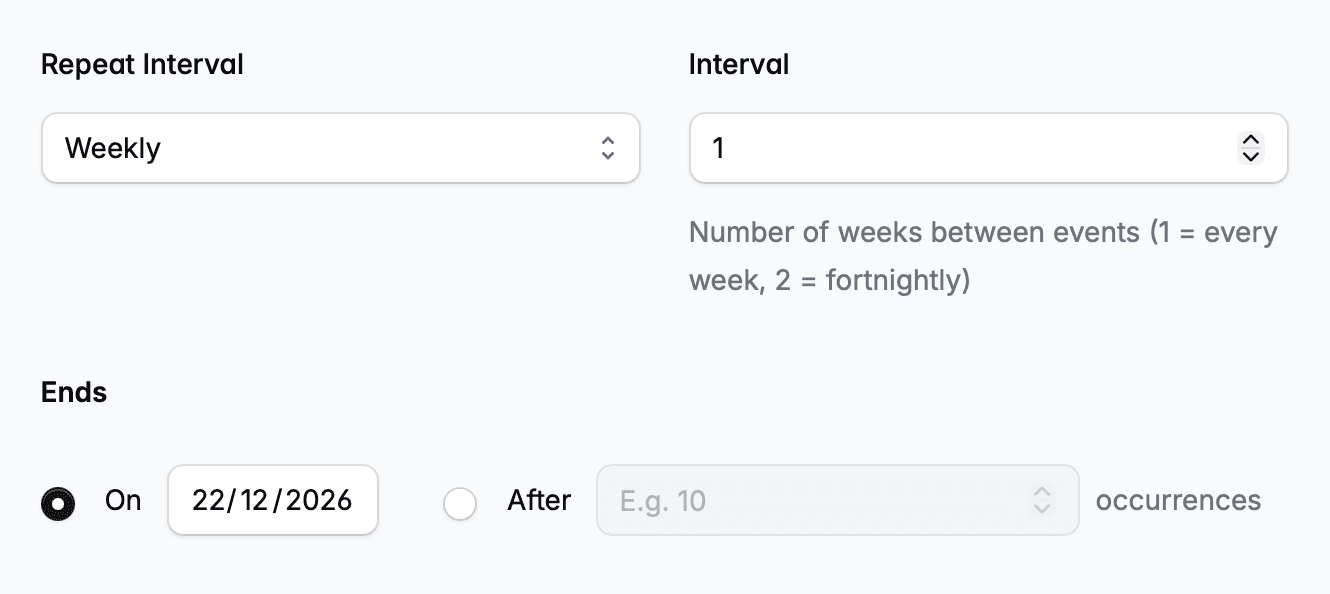 Weekly event fields