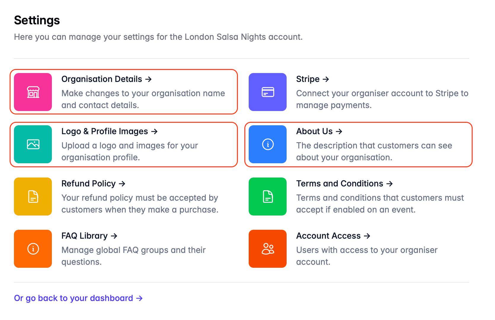 Settings pages