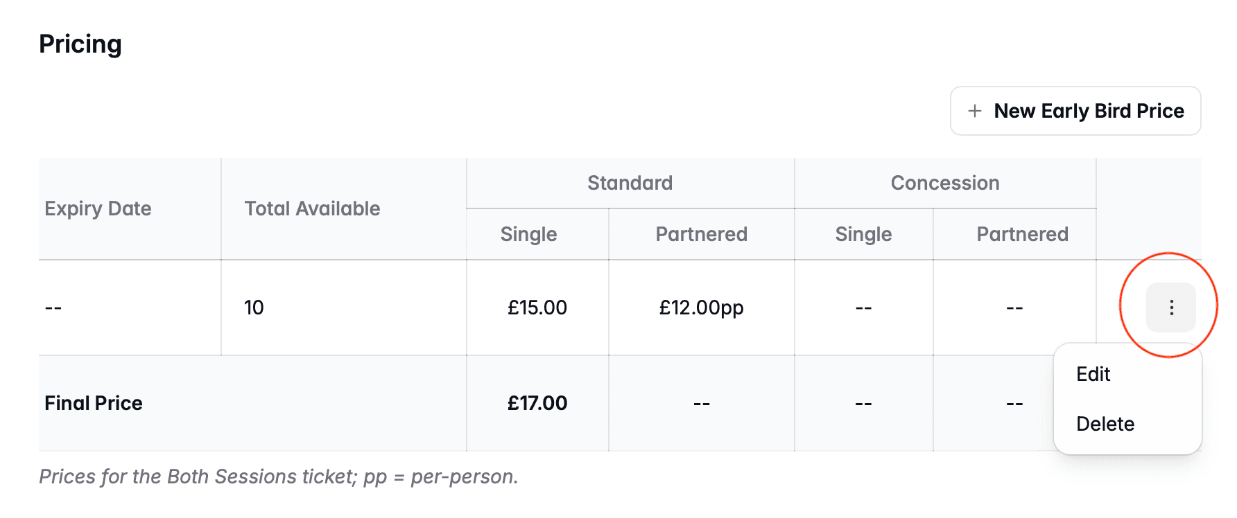 Edit early bird price
