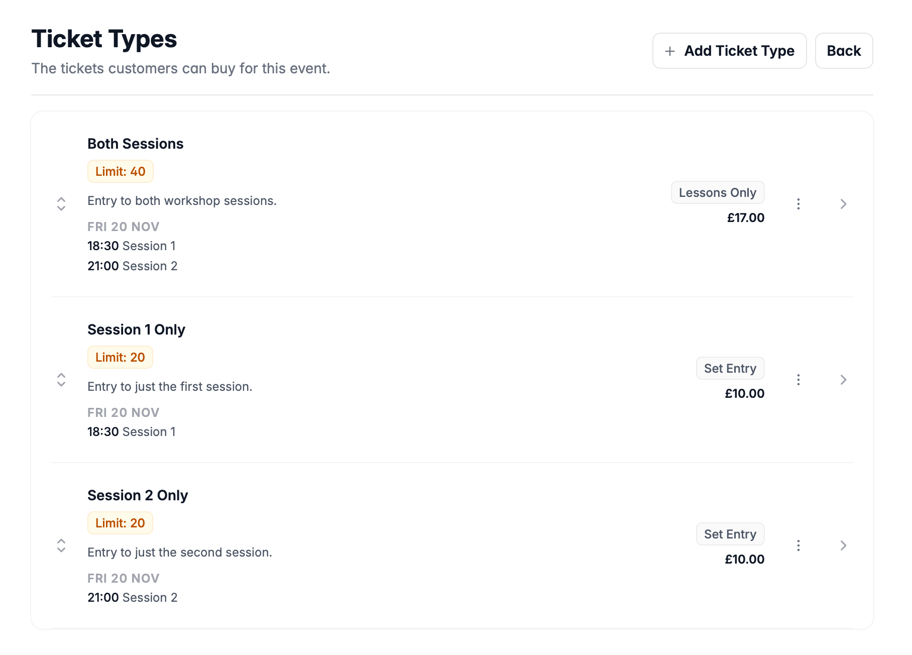 Ticket types list